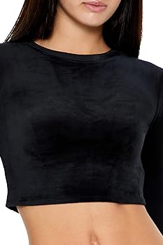 Forever 21 Women's Velour Long-Sleeve Crop Top Black Small